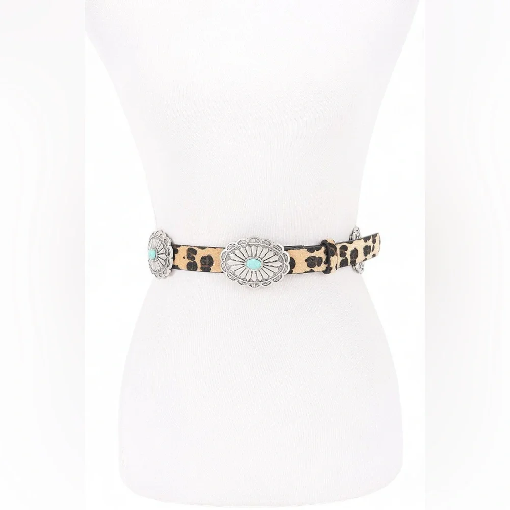 Vegan Leather Animal Print Western Concho Statement Belts with Turquoise Accents